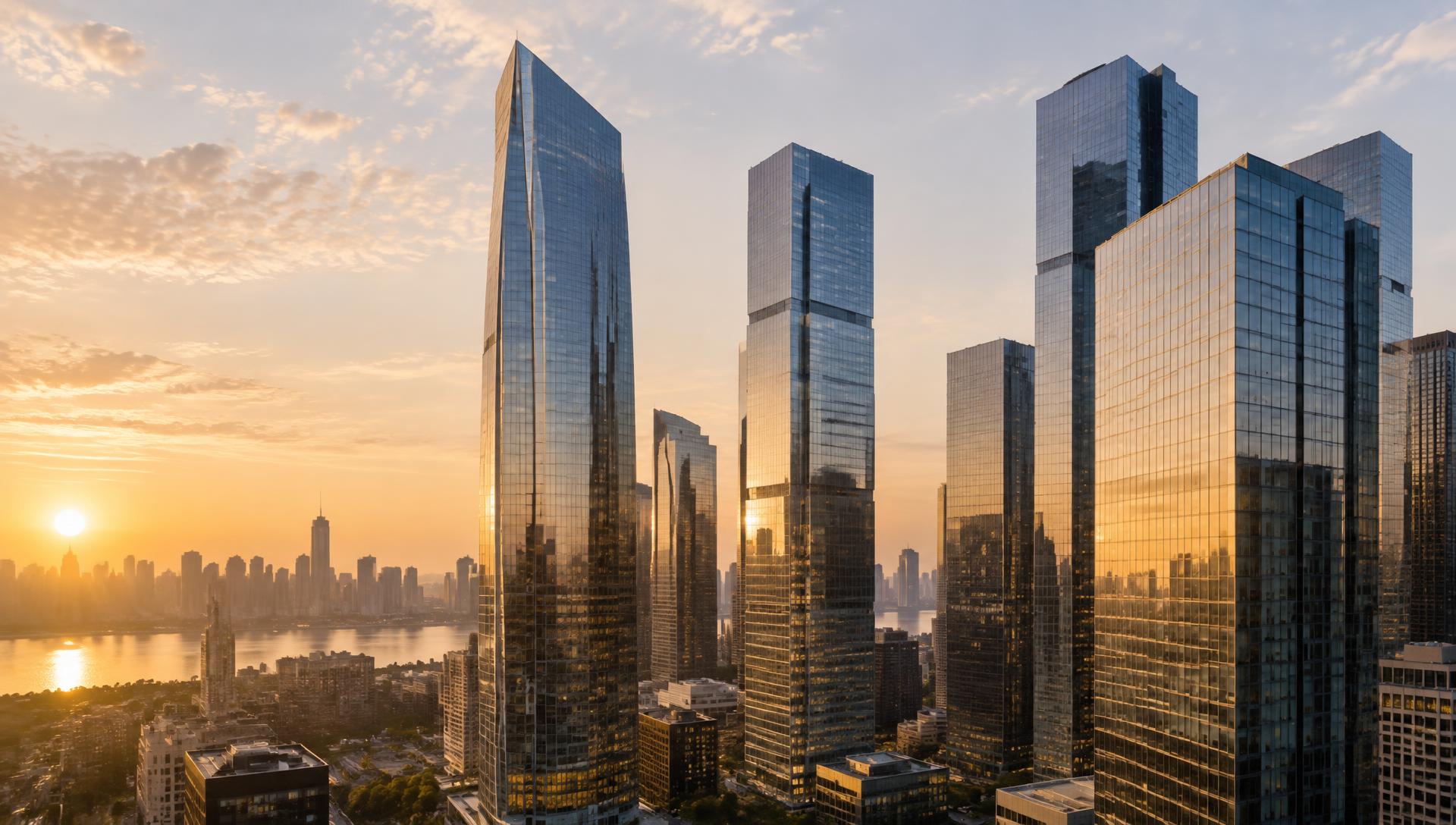 Modern glass office towers at sunrise