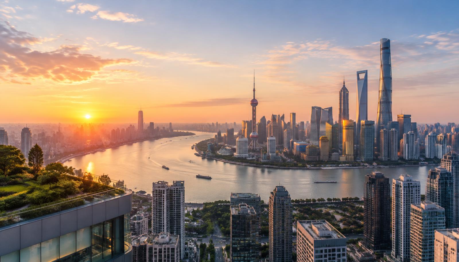 City skyline at sunrise seen from above